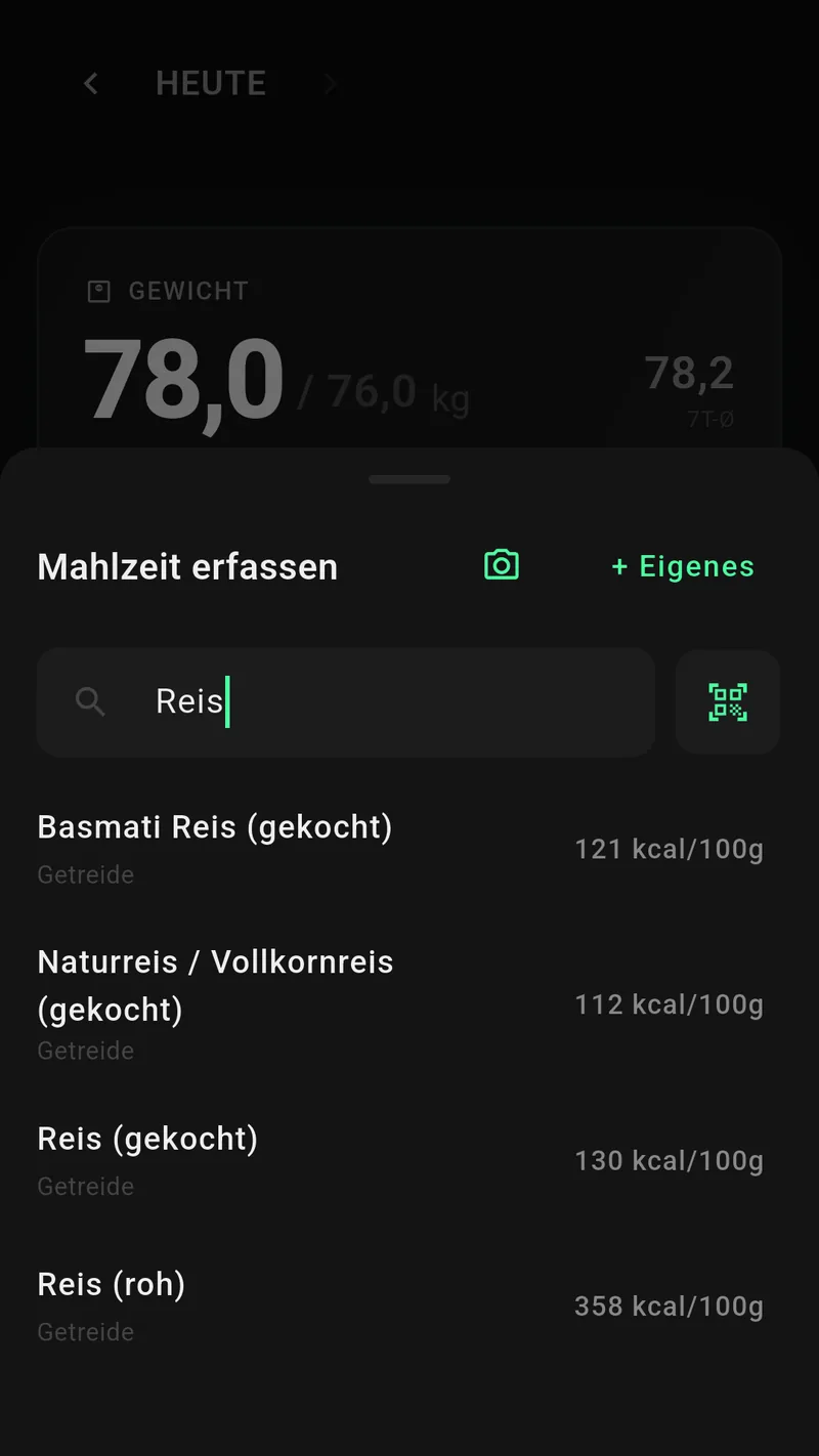BodyComp, Ernährungstagebuch mit Nährwerten pro Mahlzeit